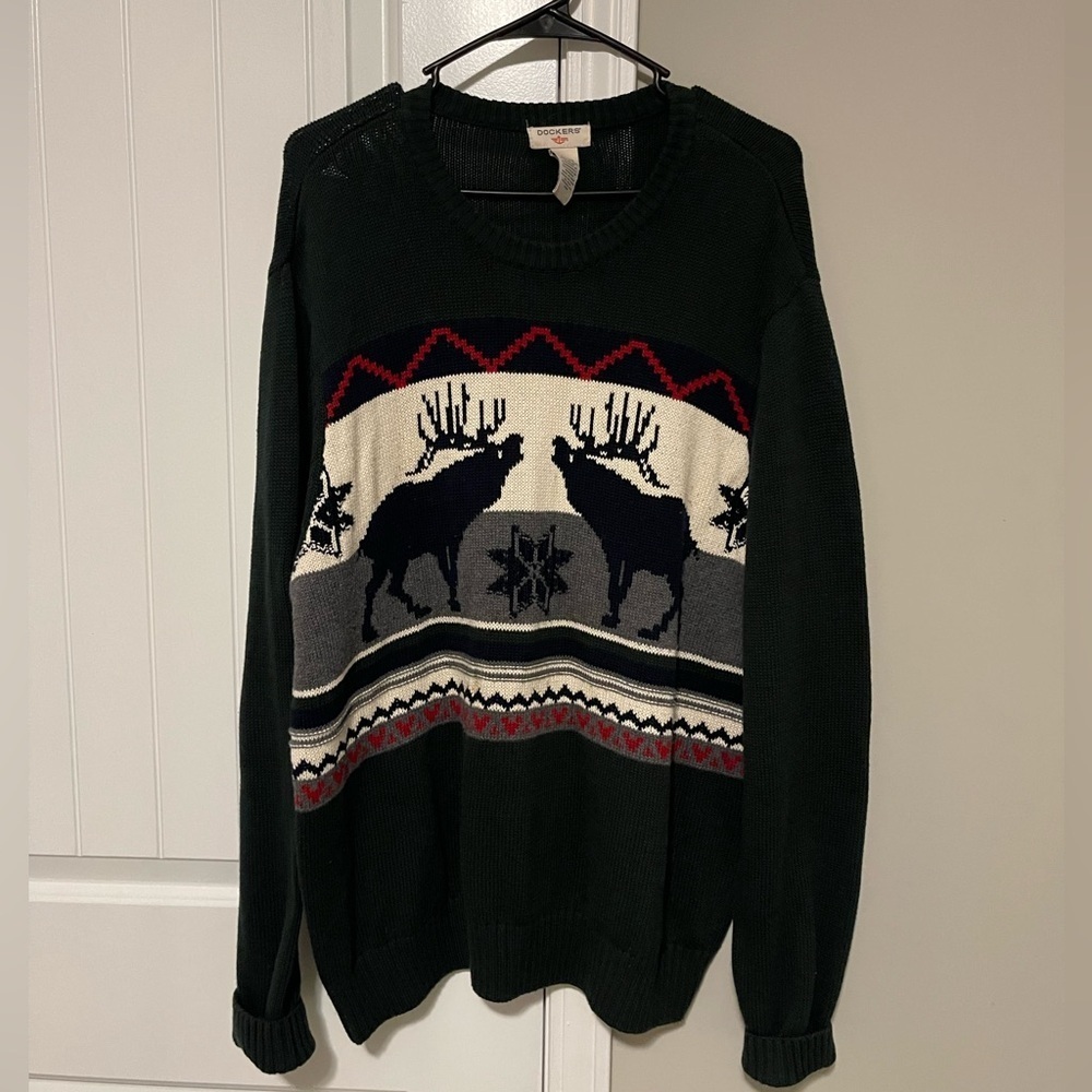 Vintage 90s Dockers Holiday Christmas Festive Winter Elk Moose Sweater Green